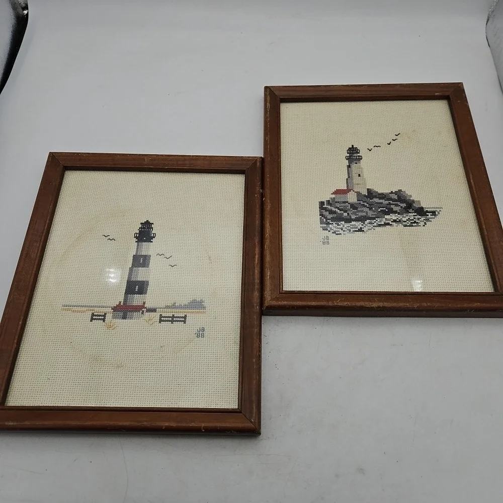 Vintage Lighthouse‎ Cross Stitch Framed Pictures Handmade 80s Set Of 2